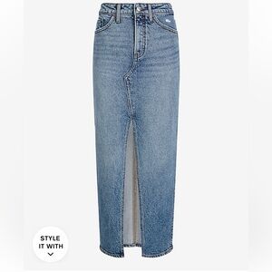 Express High Waisted Medium Wash Front Slit Maxi Denim Skirt.